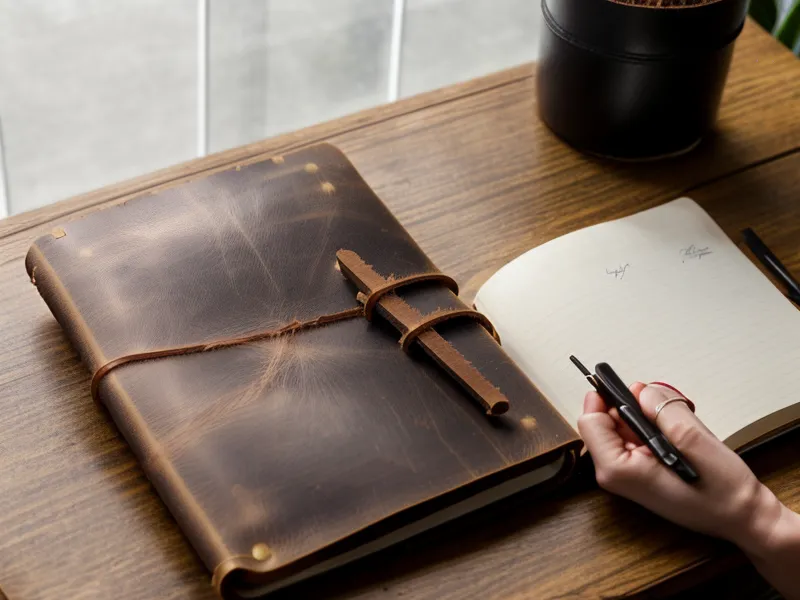 Primer plano de mano escribiendo y tachando autocrítica en un cuaderno de cuero