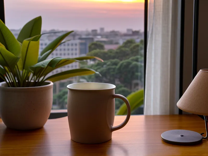 Atardecer violeta sobre Asunción visto desde un balcón con un mate en primer plano.