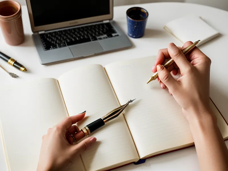 Mano escribiendo en un cuaderno de crecimiento personal con una laptop al fondo